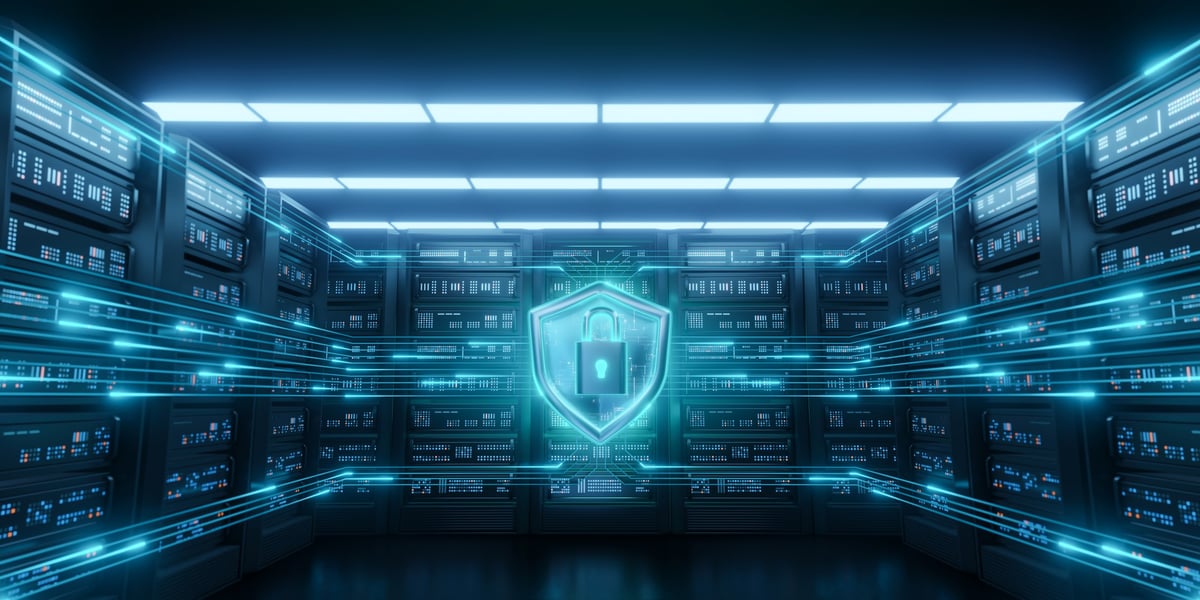 Data analytics dashboard with cybersecurity shield